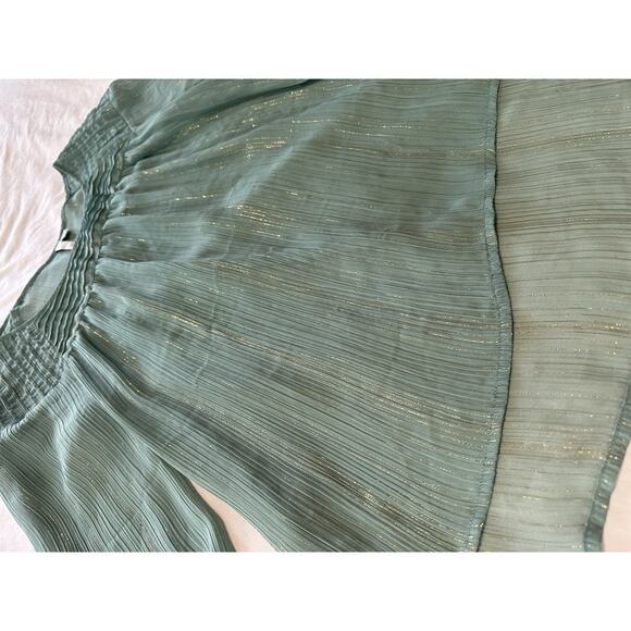 Lauren Conrad Green Sheer Blouse M | Gold Metallic Striped Peasant Top - Picture 5 of 5